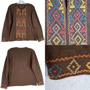 Vintage Open Front Cardigan Sweater Baby Alpaca Womens Size Medium Aztec Brown